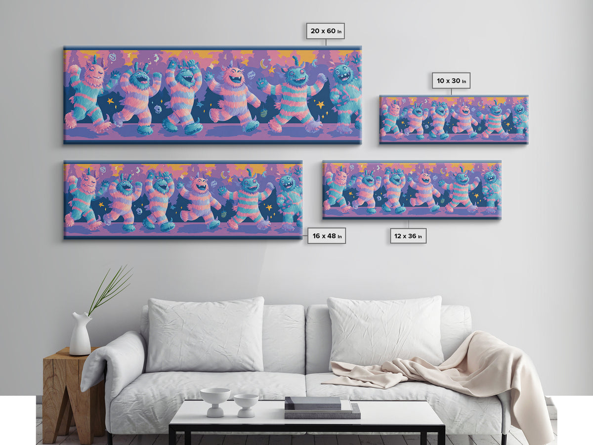 The Monster Pajama Parade, 80s Halloween Wall Art, Extra Wide Wall Art, Framed Canvas Print, Retro Halloween Decor, Neon Wall Art