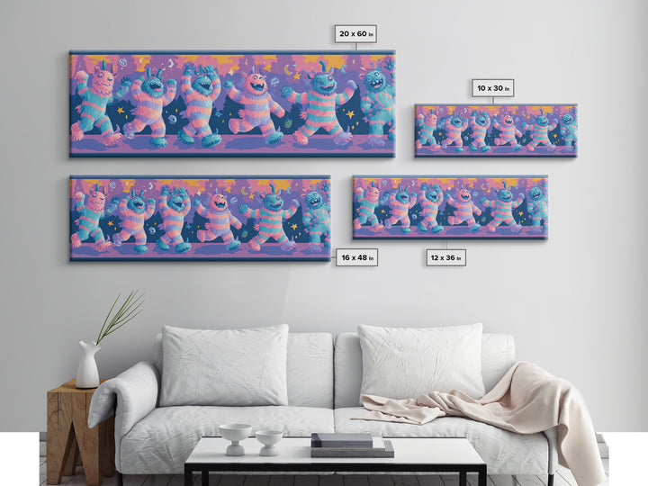 The Monster Pajama Parade, 80s Halloween Wall Art, Extra Wide Wall Art, Framed Canvas Print, Retro Halloween Decor, Neon Wall Art