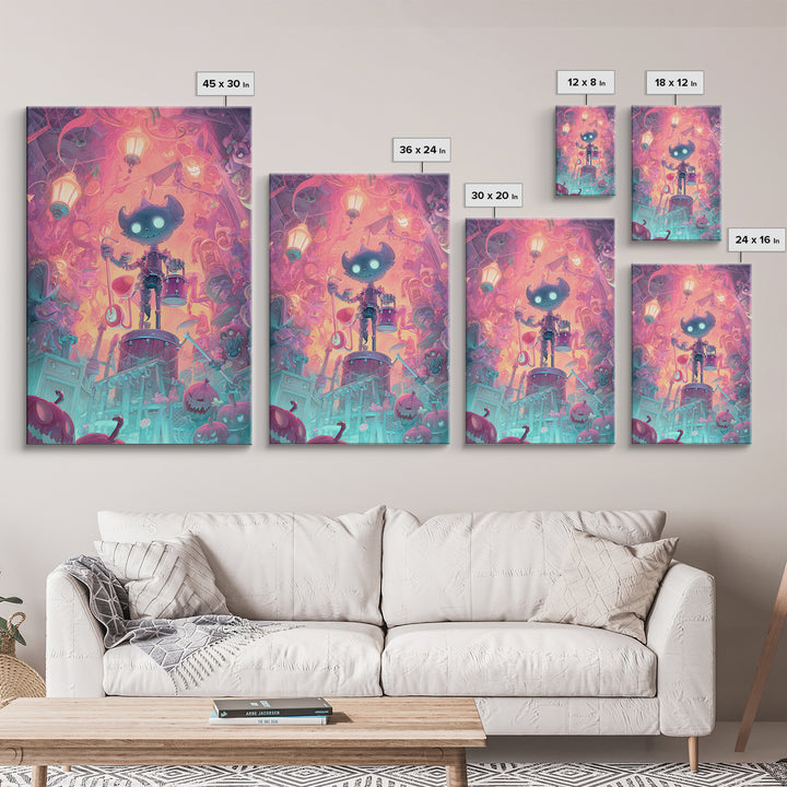 The Little Monster Orchestra, Synthwave Halloween Art, Vertical Wall Art, Canvas Print, Retro Halloween Decor, Neon Wall Art