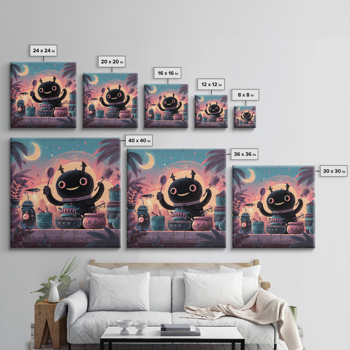 The Little Monster Orchestra, Cute Spooky Neon Art, Square Wall Art, Framed Canvas Print, Retro Halloween Decor, Neon Wall Art
