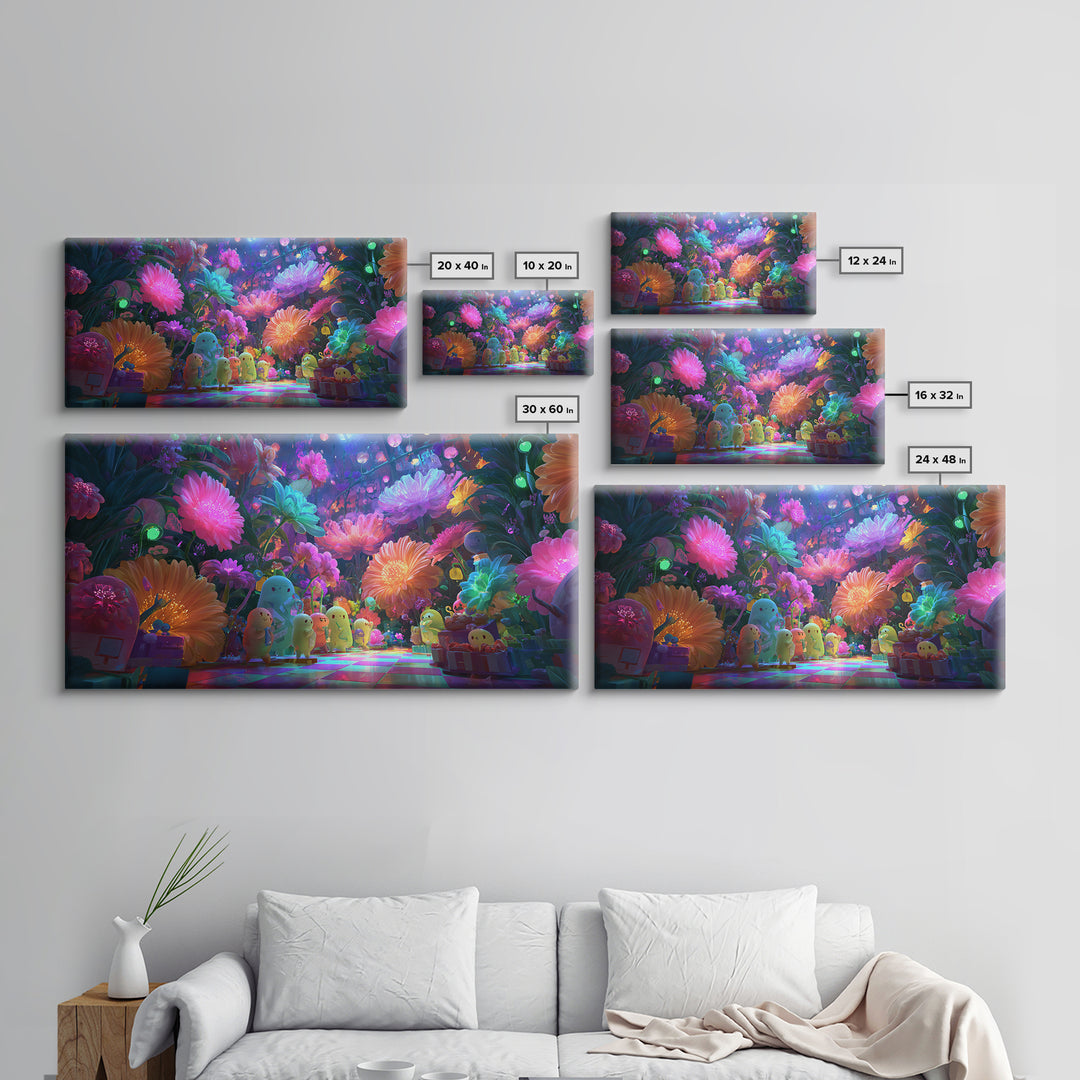 The Monster Flower Shop, Cute Spooky Neon Art, Wide Panoramic Art, Canvas Print, Retro Halloween Decor, Neon Wall Art, Macabre Wall Art
