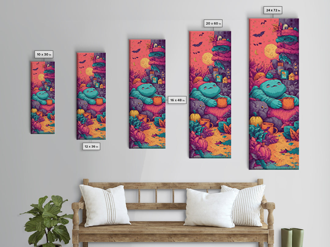 The Monster Hide-And-Seek Game, Cute Spooky Neon Art, Tall Narrow Wall Art, Canvas Print, Retro Halloween Decor, Neon Wall Art