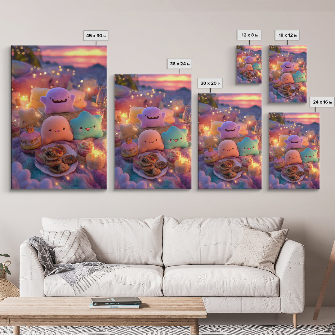 The Monster Friendship Picnic, Cute Spooky Neon Art, Vertical Wall Art, Canvas Print, Retro Halloween Decor, Neon Wall Art, Dark Fantasy Art