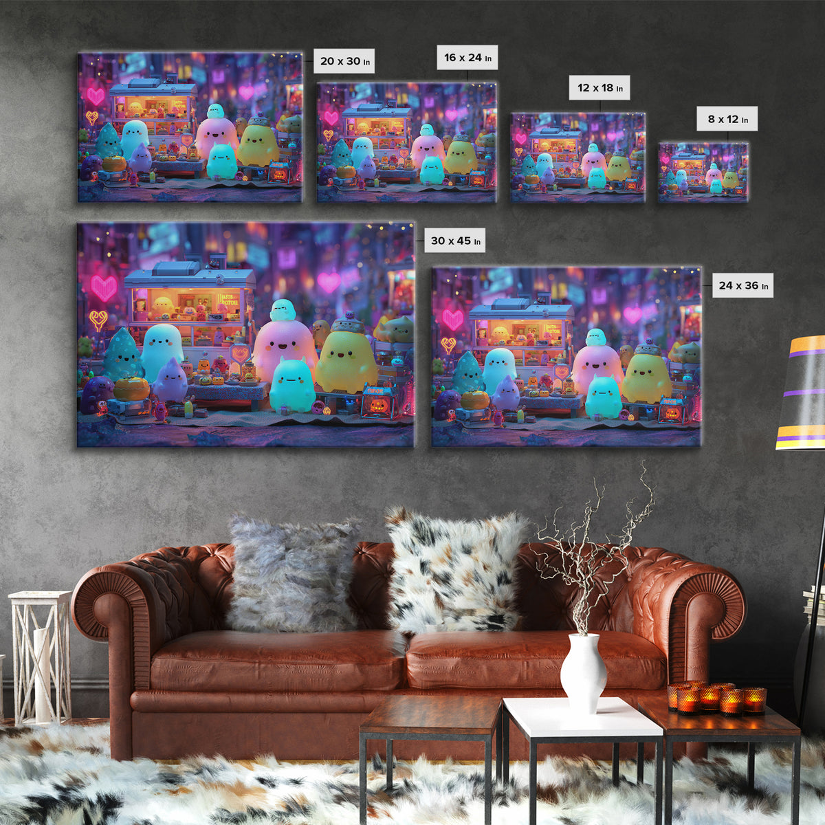 The Monster Friendship Picnic, Retro Neon Halloween Art, Landscape Wall Art, Framed Canvas Print, Retro Halloween Decor, Neon Wall Art
