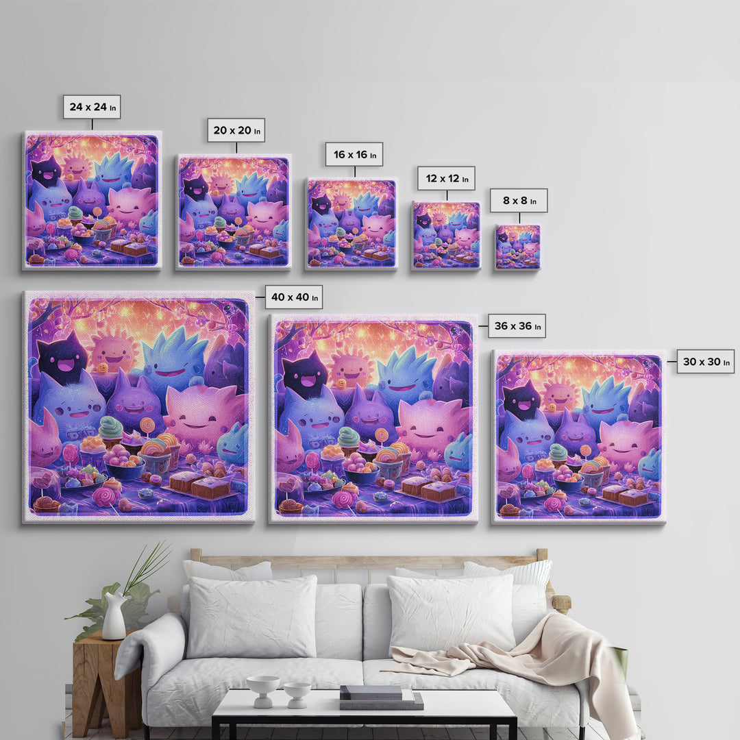 The Monster Friendship Picnic, Vaporwave Halloween Decor, Square Wall Art, Canvas Print, Retro Halloween Decor, Neon Wall Art