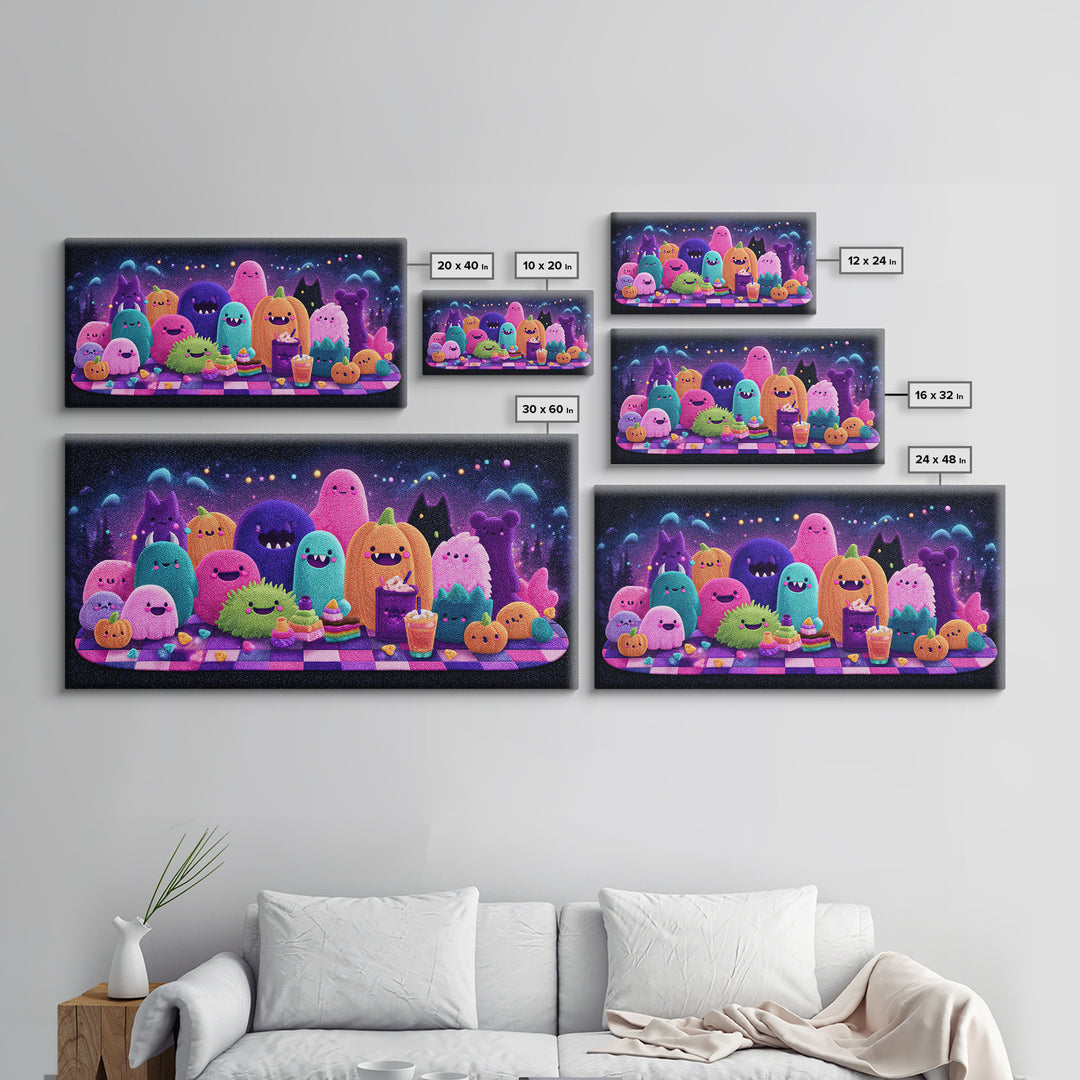 The Monster Friendship Picnic, Retro Neon Halloween Art, Wide Panoramic Art, Canvas Print, Retro Halloween Decor, Neon Wall Art