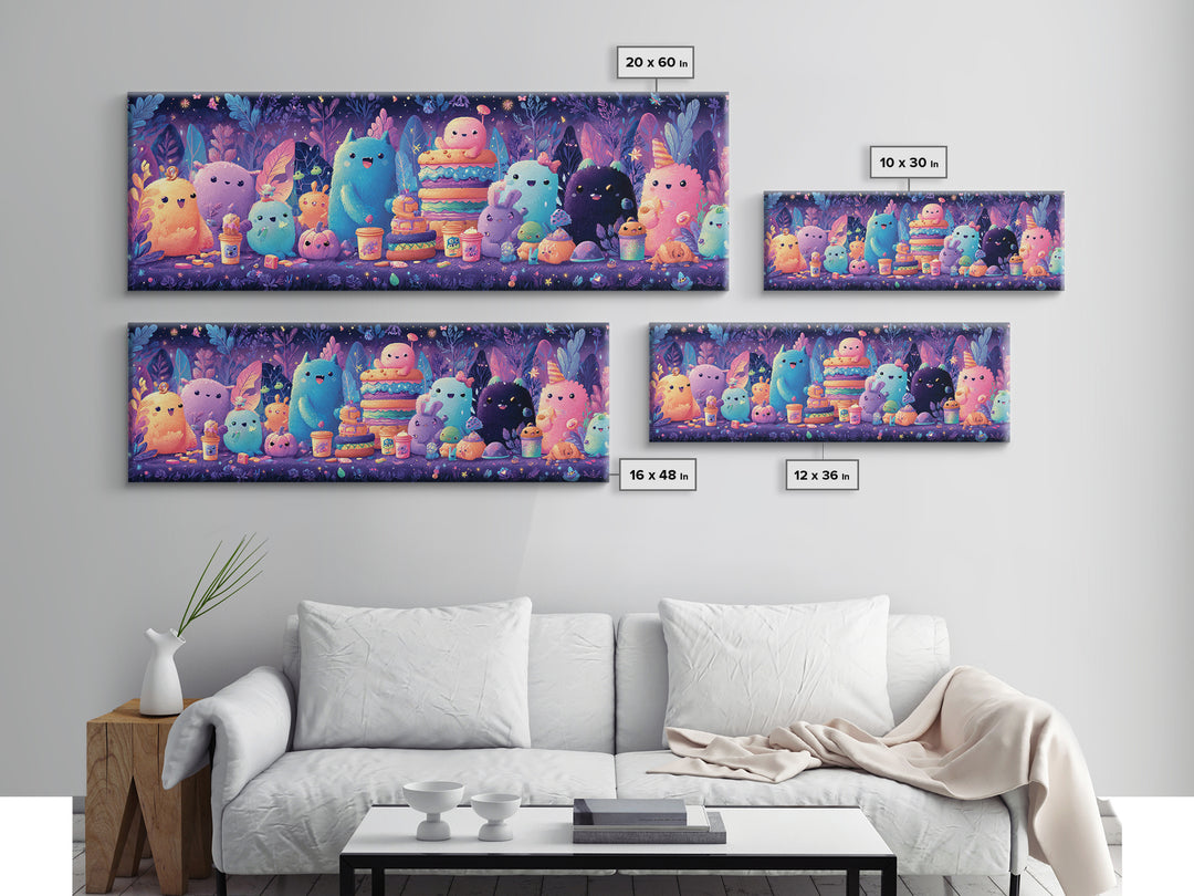The Monster Friendship Picnic, Synthwave Halloween Art, Extra Wide Wall Art, Framed Canvas Print, Retro Halloween Decor, Neon Wall Art
