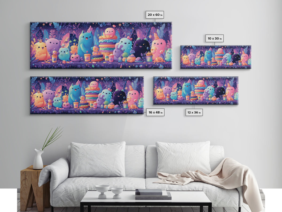 The Monster Friendship Picnic, Synthwave Halloween Art, Extra Wide Wall Art, Framed Canvas Print, Retro Halloween Decor, Neon Wall Art