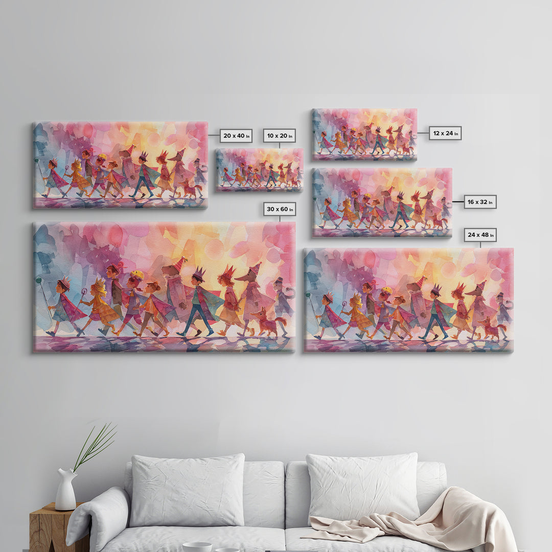 The Costume Parade, Retro Neon Halloween Art, Wide Panoramic Art, Canvas Print, Retro Halloween Decor, Neon Wall Art, Seasonal Home Decor