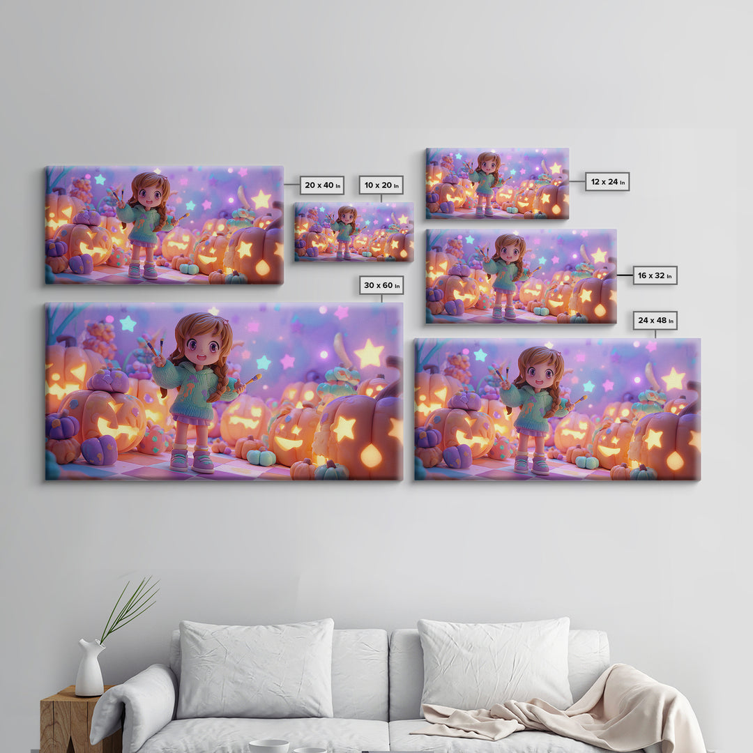 The Pumpkin Painting Party, Retro Neon Halloween Art, Wide Panoramic Art, Framed Canvas Print, Retro Halloween Decor, Neon Wall Art