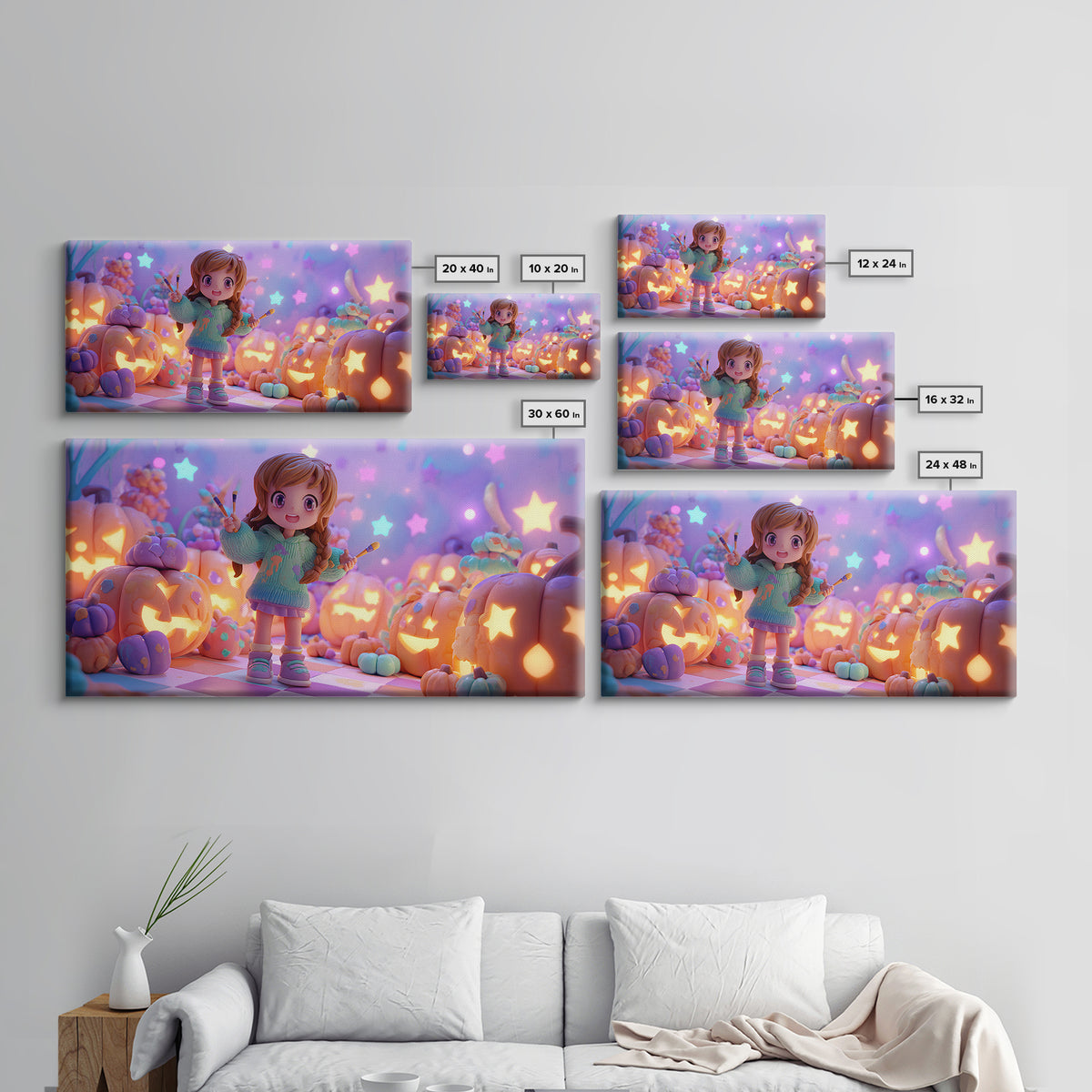 The Pumpkin Painting Party, Retro Neon Halloween Art, Wide Panoramic Art, Framed Canvas Print, Retro Halloween Decor, Neon Wall Art