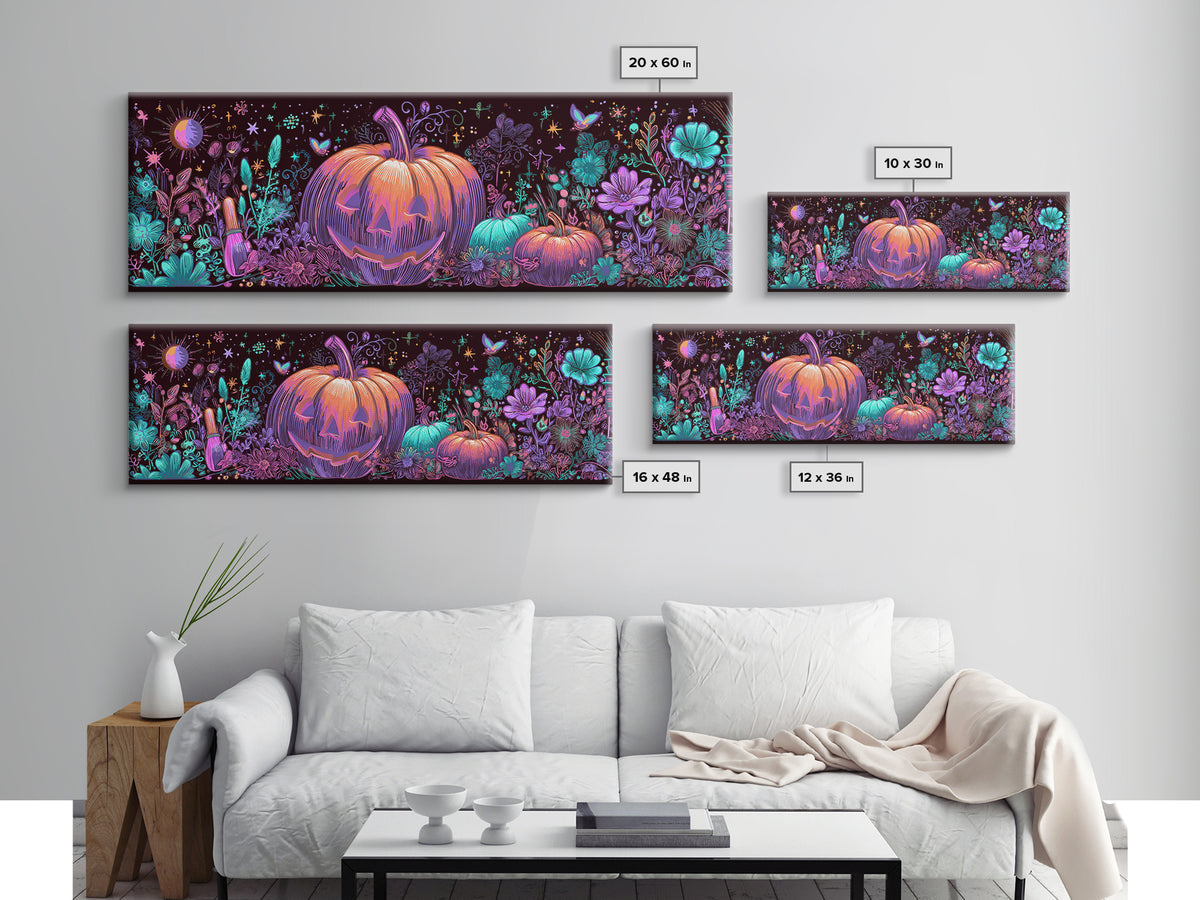 The Pumpkin Painting Party, 80s Halloween Wall Art, Extra Wide Wall Art, Canvas Print, Retro Halloween Decor, Neon Wall Art