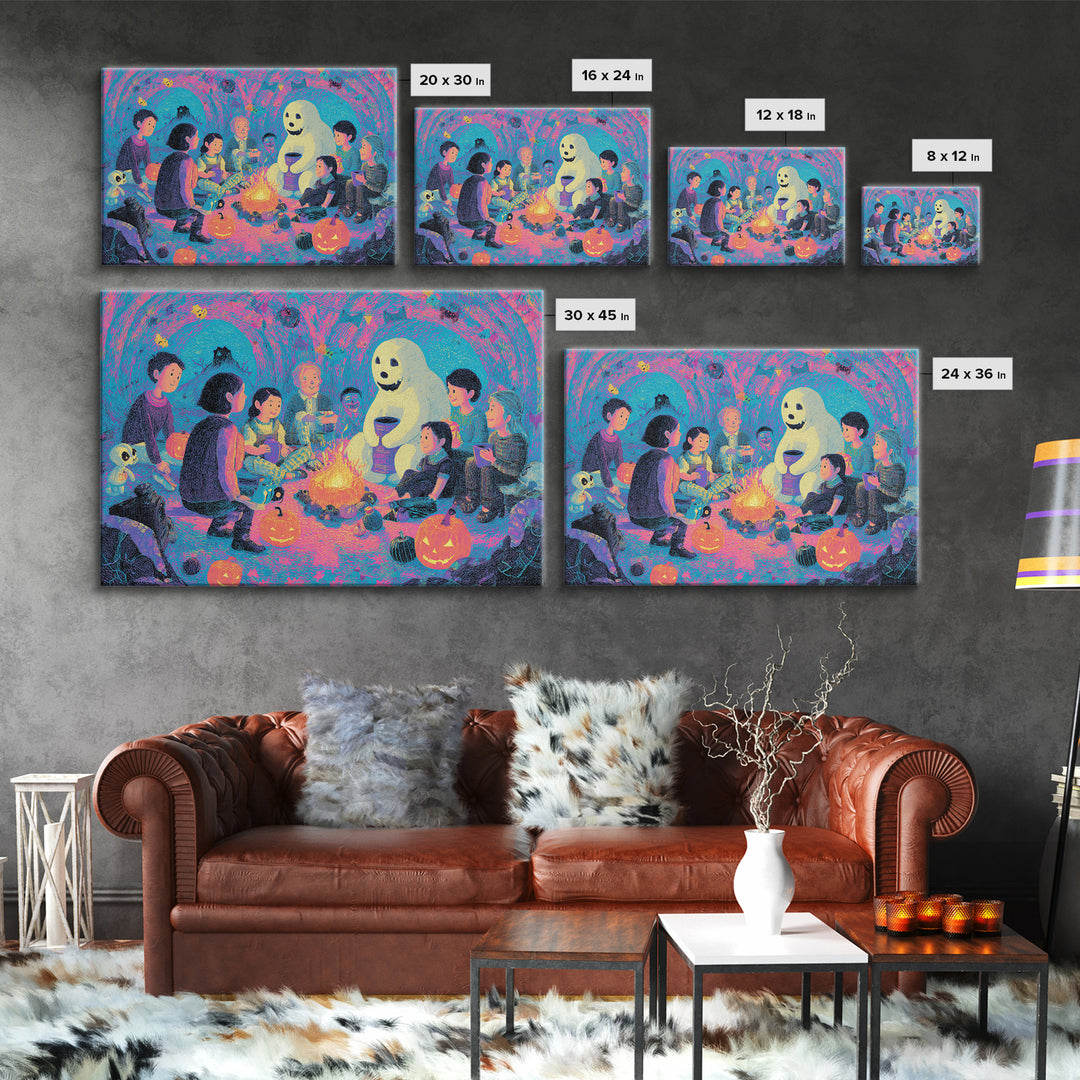 The Halloween Story Circle, Retro Neon Halloween Art, Landscape Wall Art, Canvas Print, Retro Halloween Decor, Neon Wall Art