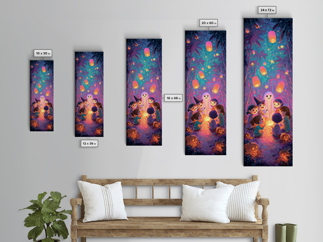 The Halloween Story Circle, Synthwave Halloween Art, Tall Narrow Wall Art, Framed Canvas Print, Retro Halloween Decor, Neon Wall Art