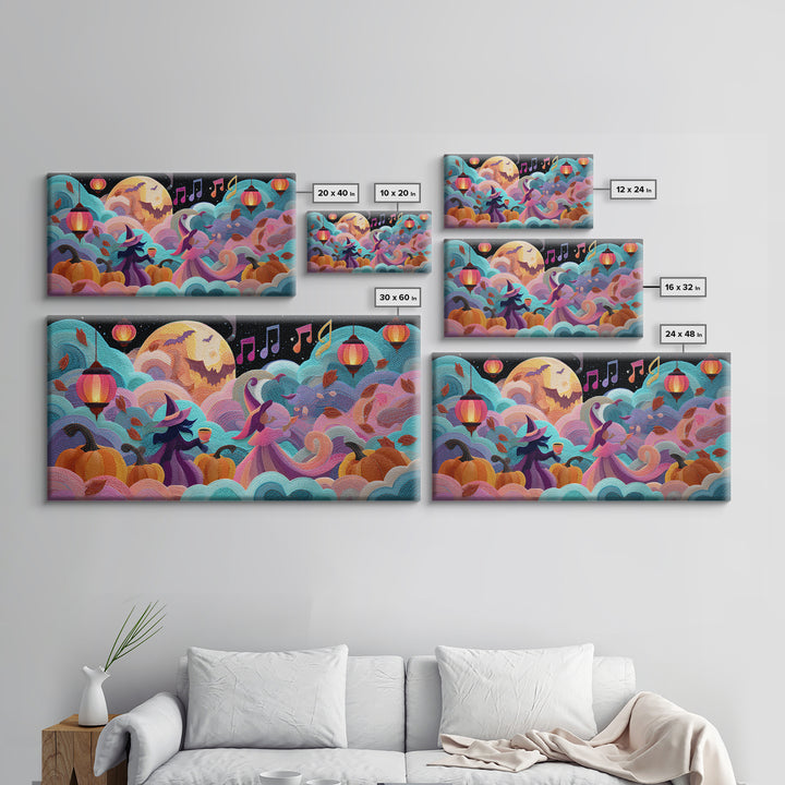 The Moonlight Dance Party, Cute Spooky Neon Art, Wide Panoramic Art, Framed Canvas Print, Retro Halloween Decor, Neon Wall Art