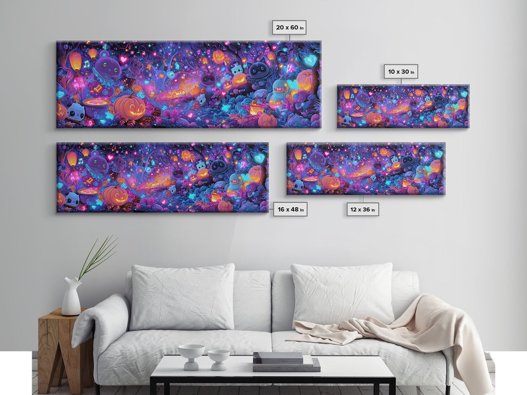 The Moonlight Dance Party, Synthwave Halloween Art, Extra Wide Wall Art, Canvas Print, Retro Halloween Decor, Neon Wall Art