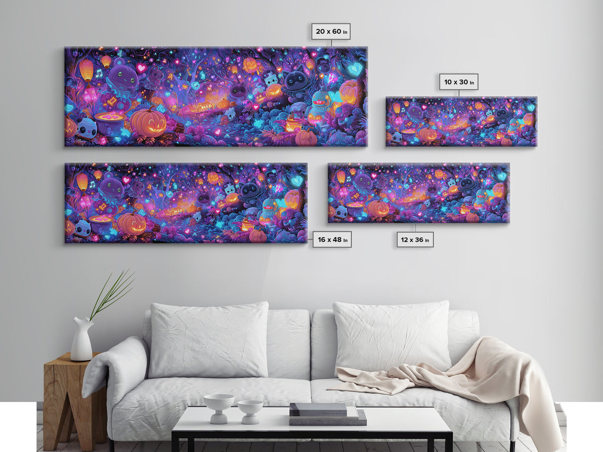 The Moonlight Dance Party, Synthwave Halloween Art, Extra Wide Wall Art, Canvas Print, Retro Halloween Decor, Neon Wall Art