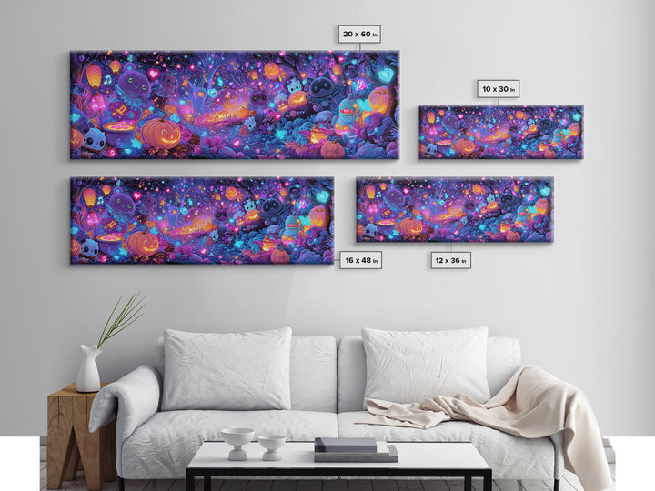 The Moonlight Dance Party, Synthwave Halloween Art, Extra Wide Wall Art, Canvas Print, Retro Halloween Decor, Neon Wall Art