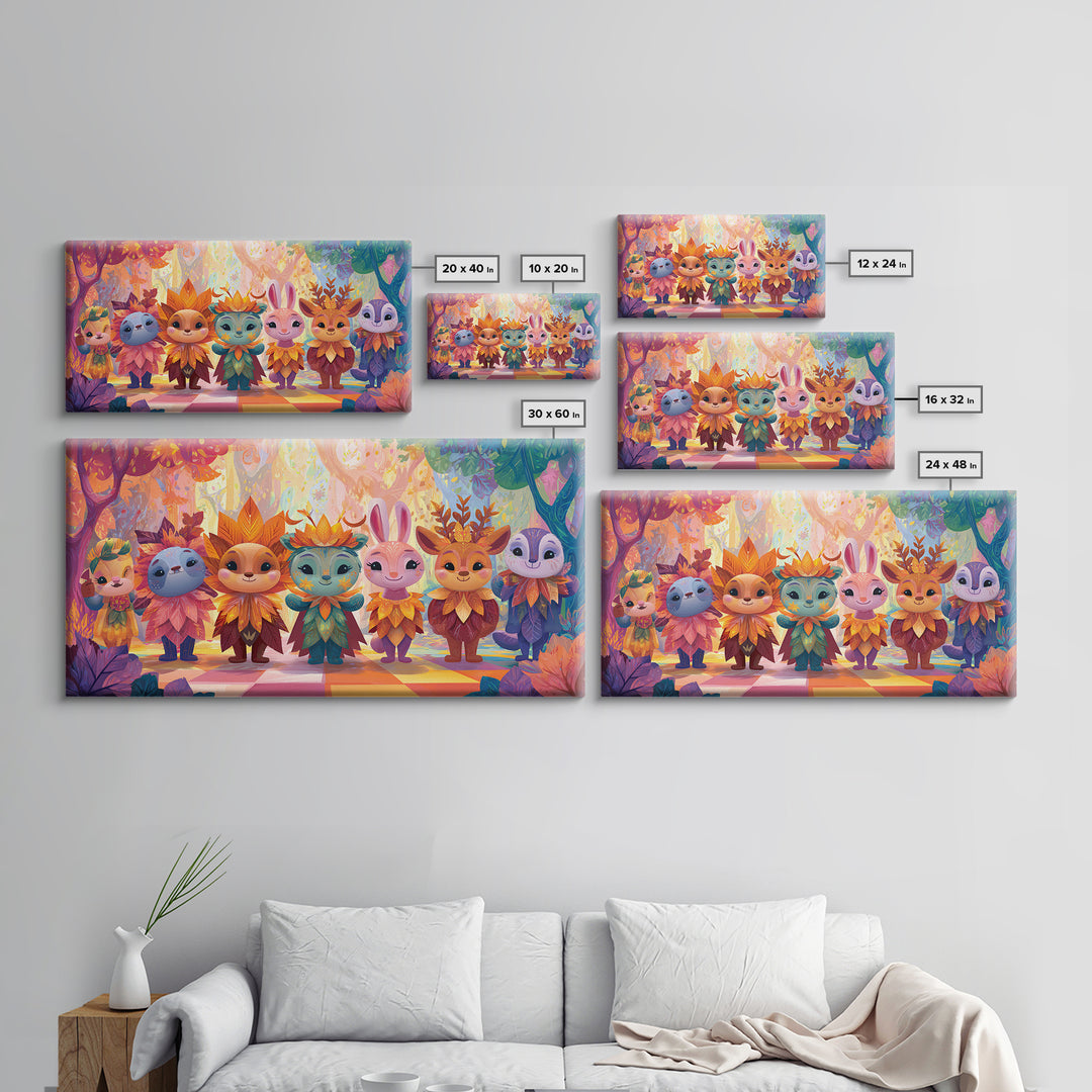 The Autumn Leaf Costume Contest, Cute Spooky Neon Art, Wide Panoramic Art, Canvas Print, Retro Halloween Decor, Neon Wall Art