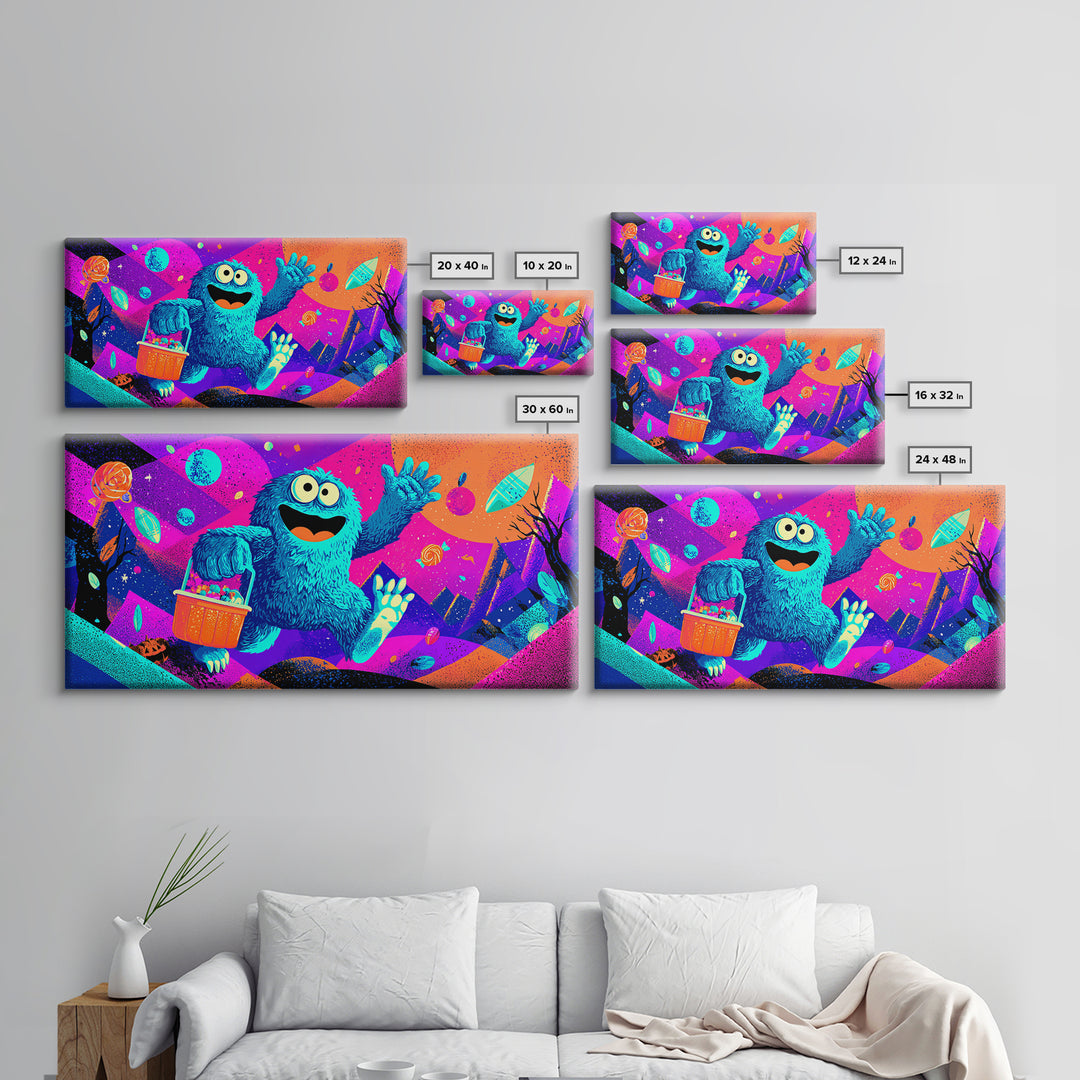 The Candy Bucket Relay Race, Cute Spooky Neon Art, Wide Panoramic Art, Canvas Print, Retro Halloween Decor, Neon Wall Art, Dark Fantasy Art