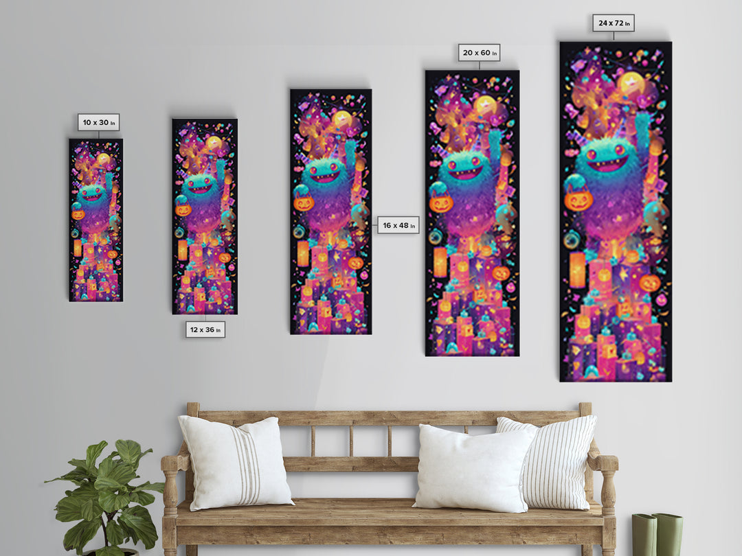 The Candy Bucket Relay Race, 80s Halloween Wall Art, Tall Narrow Wall Art, Framed Canvas Print, Retro Halloween Decor, Neon Wall Art