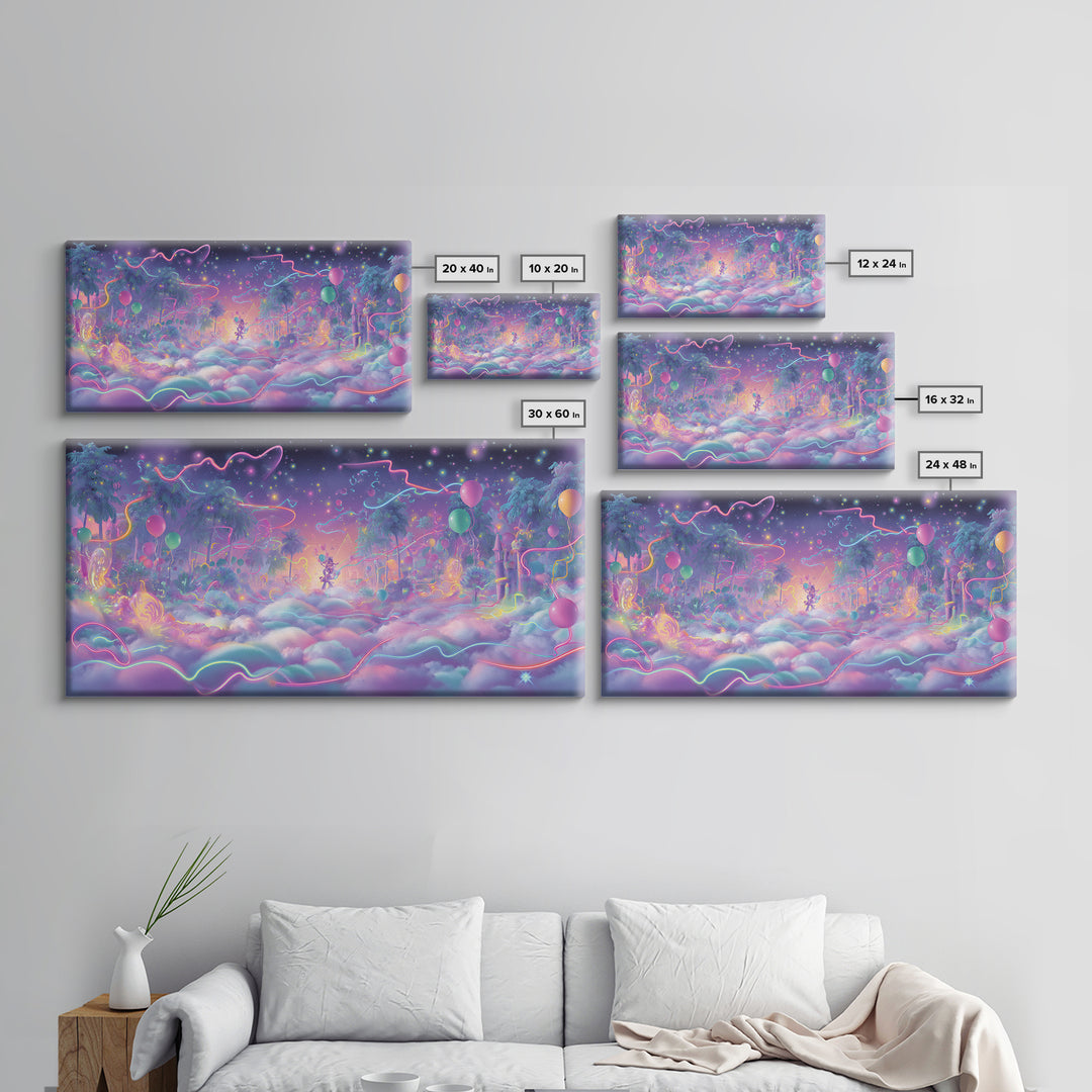 The Broomstick Obstacle Course, Vaporwave Halloween Decor, Wide Panoramic Art, Framed Canvas Print, Retro Halloween Decor, Neon Wall Art