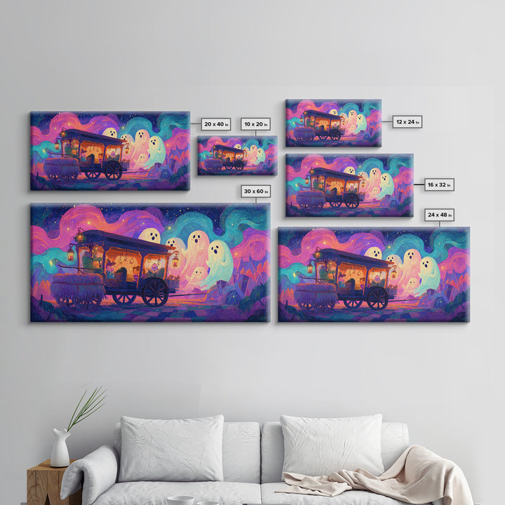 The Friendly Haunted Hayride, 80s Halloween Wall Art, Wide Panoramic Art, Canvas Print, Retro Halloween Decor, Neon Wall Art