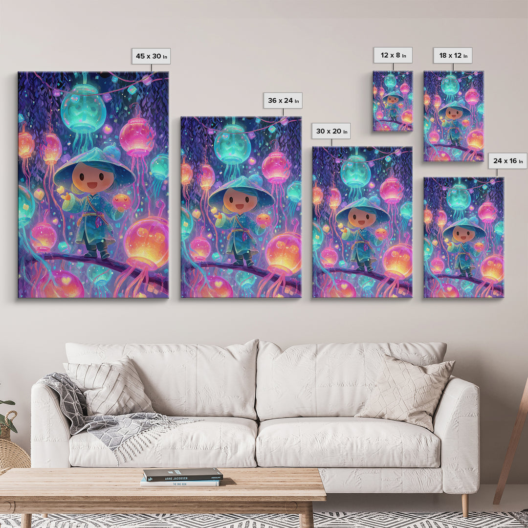 The Lantern-Making Festival, Vaporwave Halloween Decor, Vertical Wall Art, Canvas Print, Retro Halloween Decor, Neon Wall Art