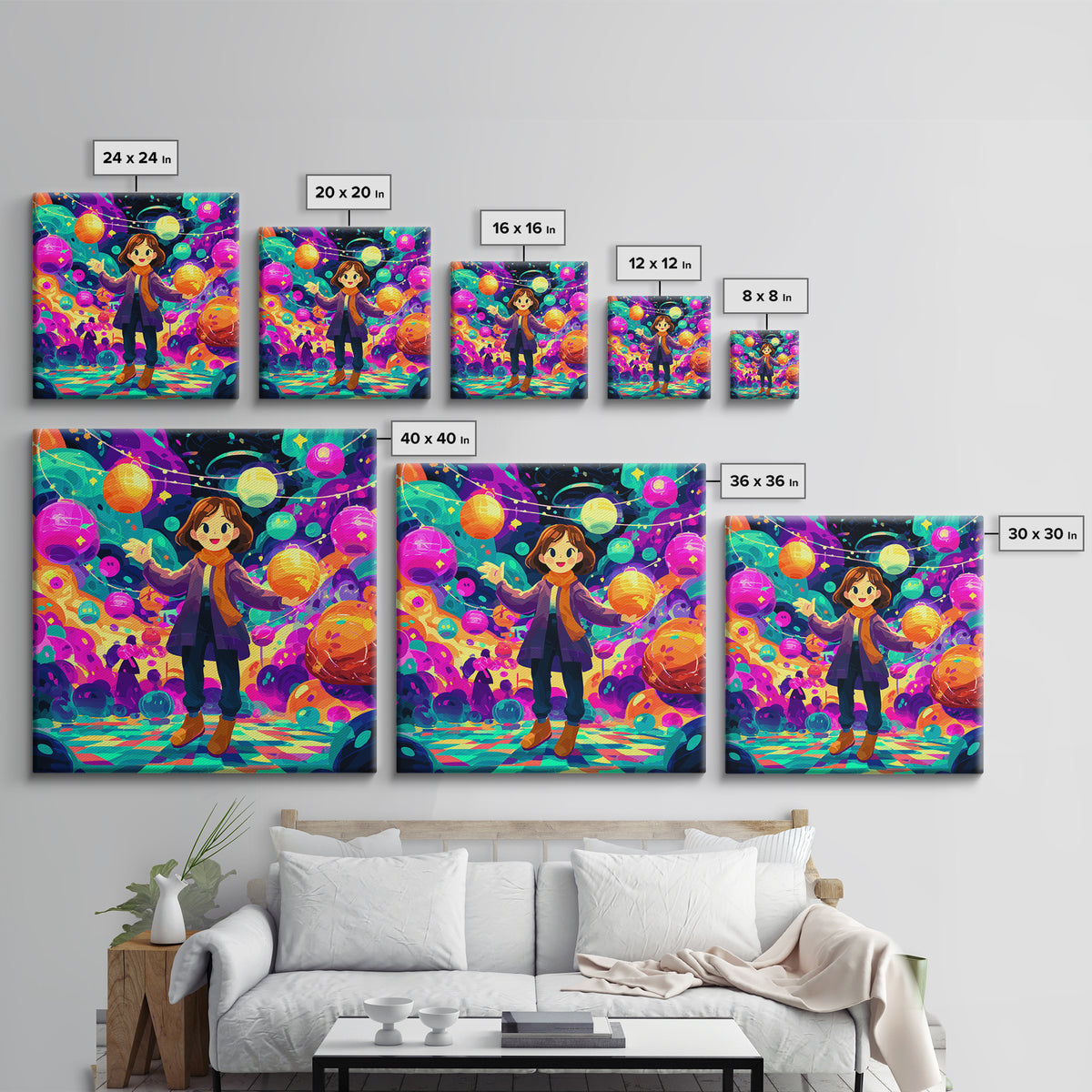 The Lantern-Making Festival, Cute Spooky Neon Art, Square Wall Art, Canvas Print, Retro Halloween Decor, Neon Wall Art, Seasonal Home Decor