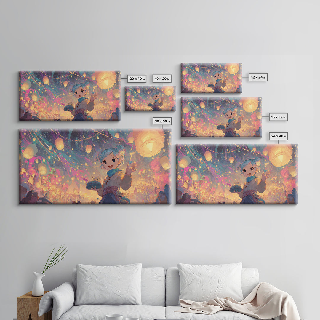 The Lantern-Making Festival, Vaporwave Halloween Decor, Wide Panoramic Art, Canvas Print, Retro Halloween Decor, Neon Wall Art