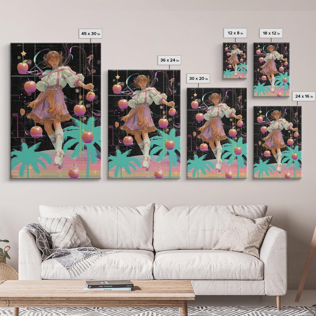 The Candy Apple Dance, Vaporwave Halloween Decor, Vertical Wall Art, Framed Canvas Print, Retro Halloween Decor, Neon Wall Art