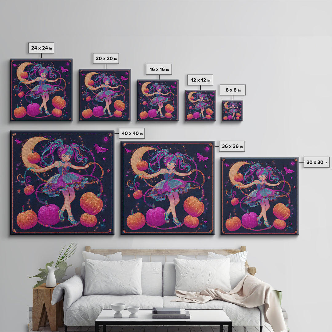 The Candy Apple Dance, Synthwave Halloween Art, Square Wall Art, Framed Canvas Print, Retro Halloween Decor, Neon Wall Art