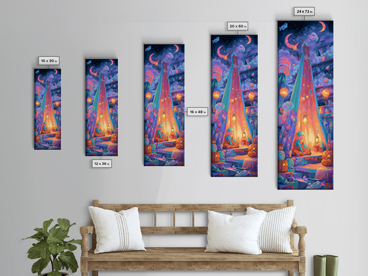 The Halloween Sleepover, Cute Spooky Neon Art, Tall Narrow Wall Art, Framed Canvas Print, Retro Halloween Decor, Neon Wall Art