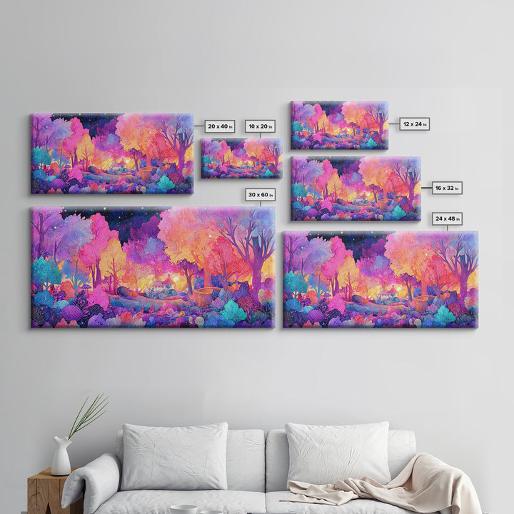 The Moonlit Scavenger Hunt, 80s Halloween Wall Art, Wide Panoramic Art, Canvas Print, Retro Halloween Decor, Neon Wall Art