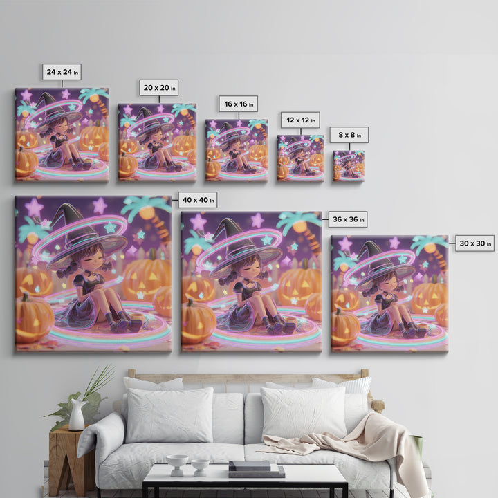 The Witch Hat Ring Toss, Retro Neon Halloween Art, Square Wall Art, Canvas Print, Retro Halloween Decor, Neon Wall Art
