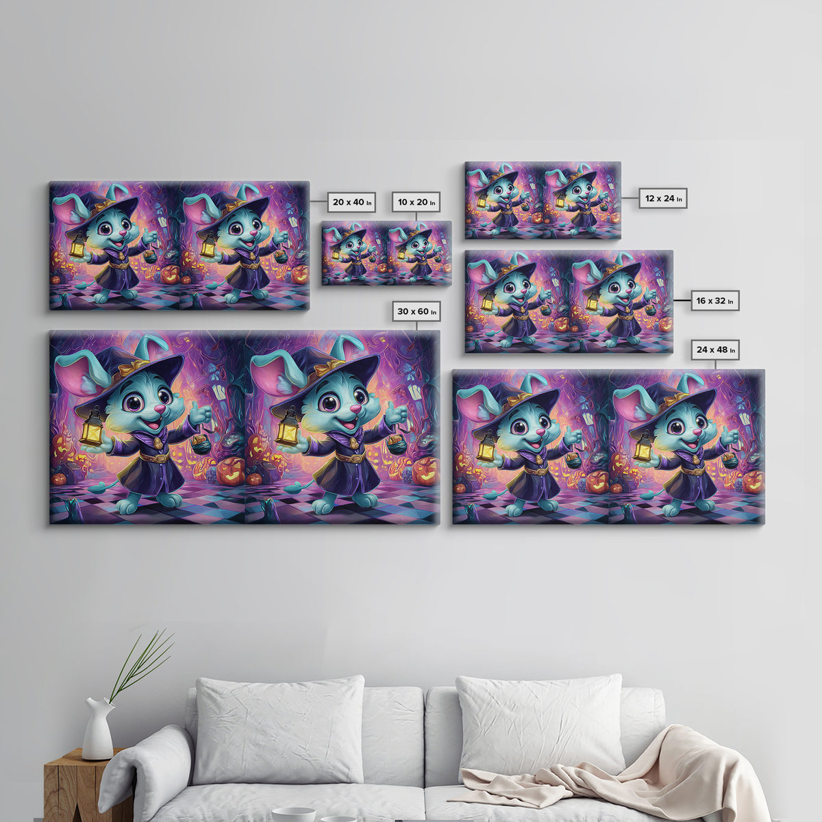 The Halloween Pet Parade, Synthwave Halloween Art, Wide Panoramic Art, Framed Canvas Print, Retro Halloween Decor, Neon Wall Art