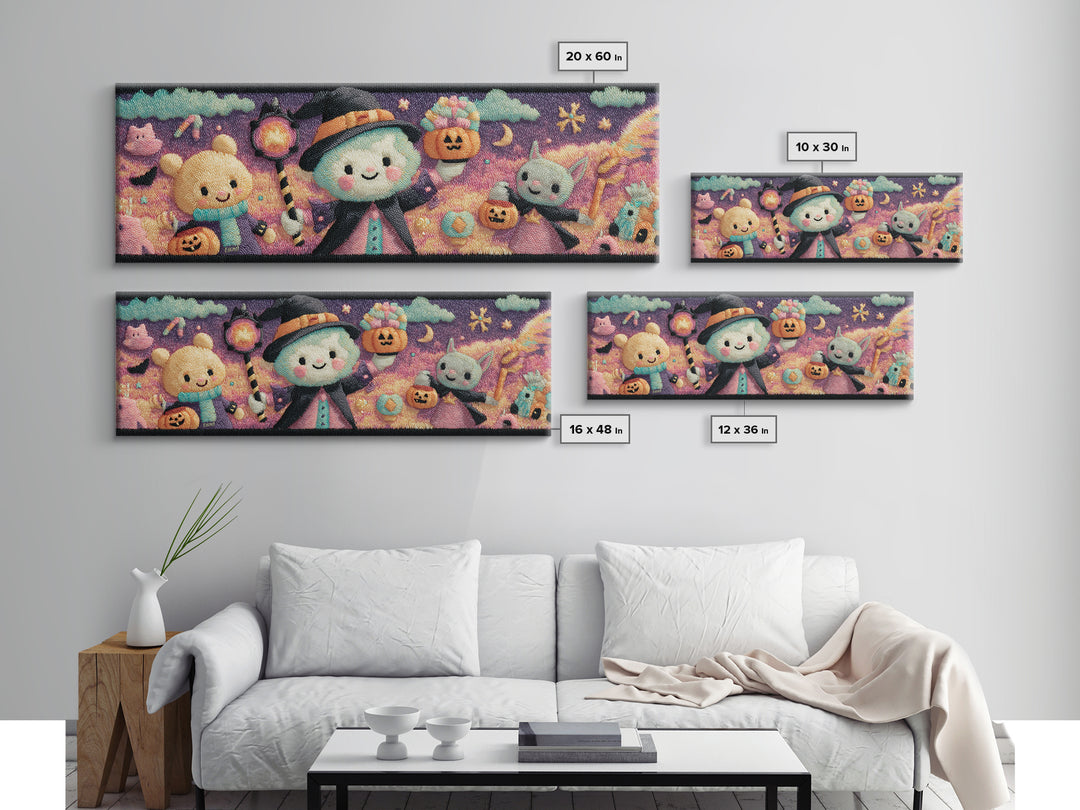The Halloween Pet Parade, Vaporwave Halloween Decor, Extra Wide Wall Art, Framed Canvas Print, Retro Halloween Decor, Neon Wall Art
