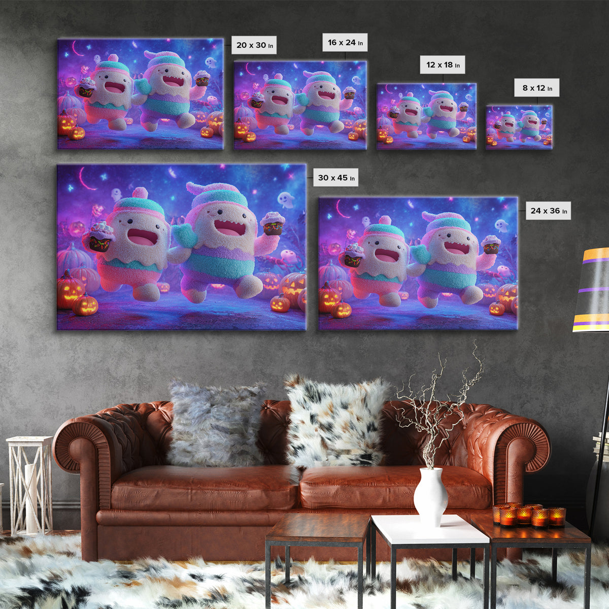 The Midnight Cocoa Party, Retro Neon Halloween Art, Landscape Wall Art, Canvas Print, Retro Halloween Decor, Neon Wall Art, Dark Fantasy Art