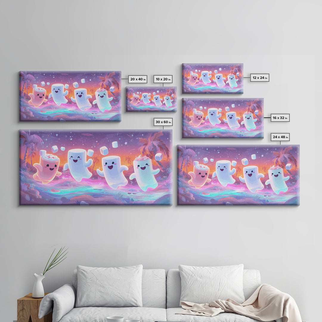The Midnight Cocoa Party, Vaporwave Halloween Decor, Wide Panoramic Art, Framed Canvas Print, Retro Halloween Decor, Neon Wall Art