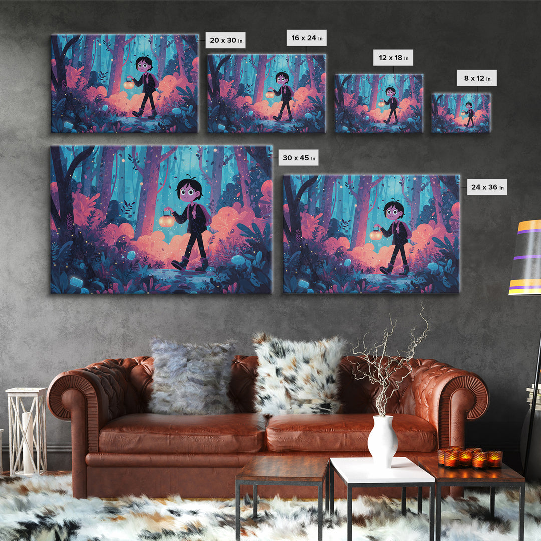 The Firefly Lantern Forest, Cute Spooky Neon Art, Landscape Wall Art, Canvas Print, Retro Halloween Decor, Neon Wall Art