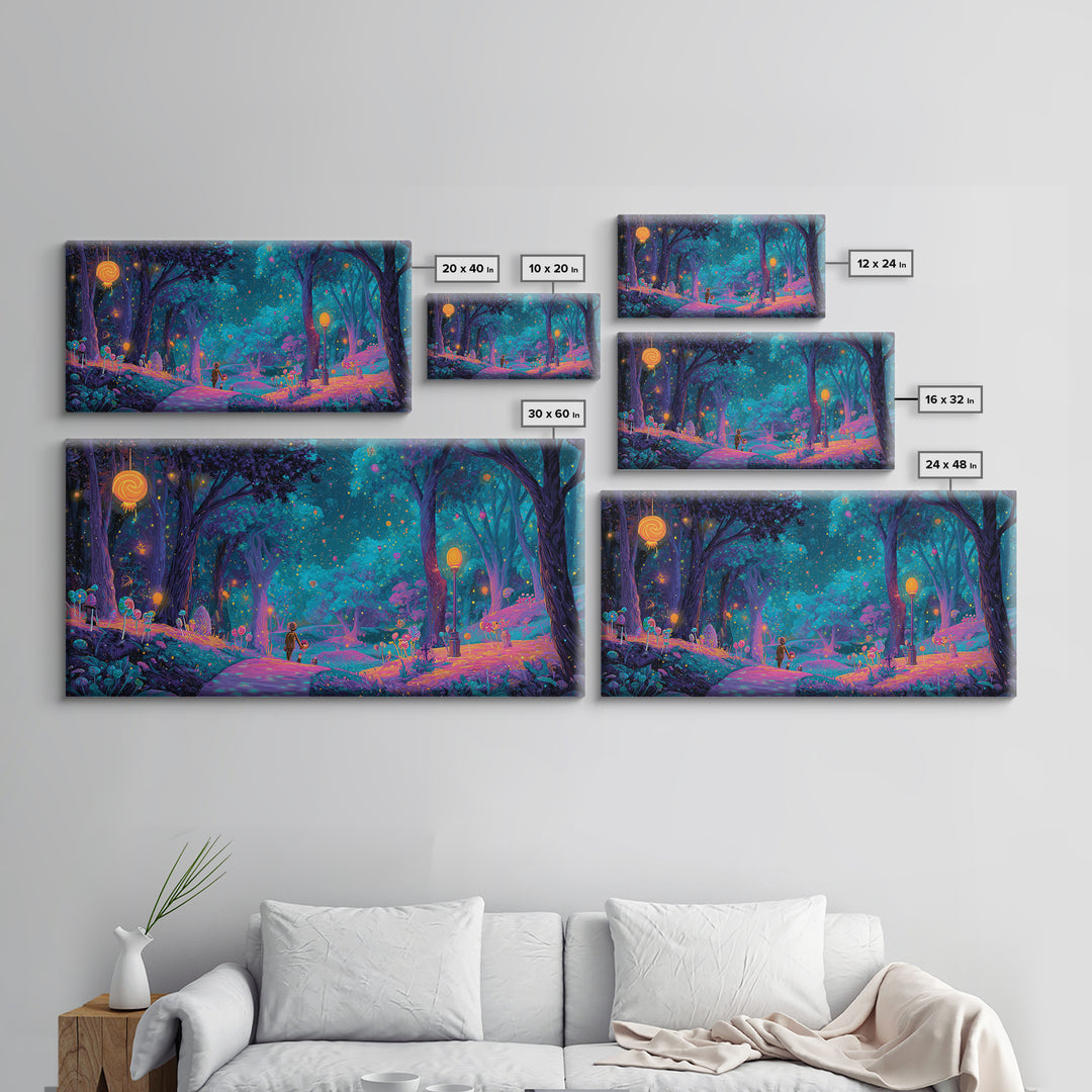 The Firefly Lantern Forest, Vaporwave Halloween Decor, Wide Panoramic Art, Framed Canvas Print, Retro Halloween Decor, Neon Wall Art