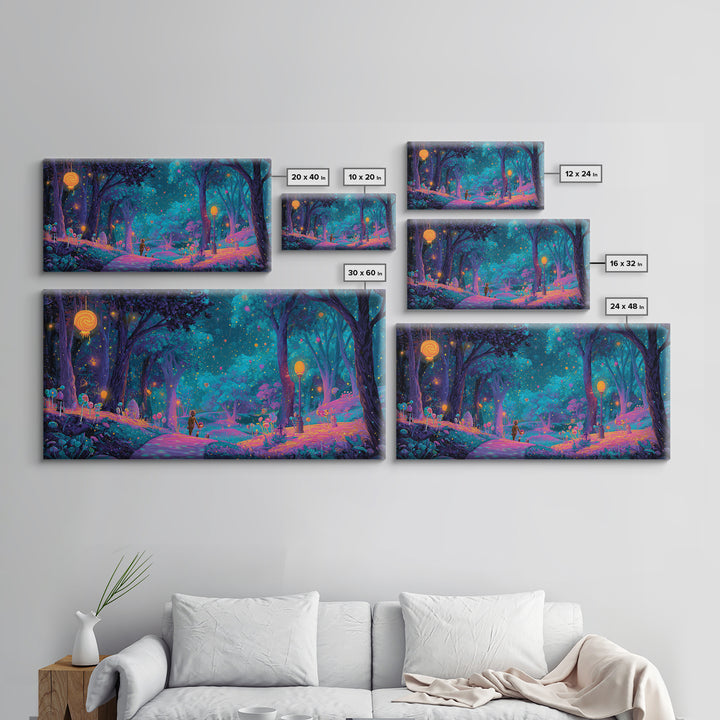 The Firefly Lantern Forest, Vaporwave Halloween Decor, Wide Panoramic Art, Framed Canvas Print, Retro Halloween Decor, Neon Wall Art