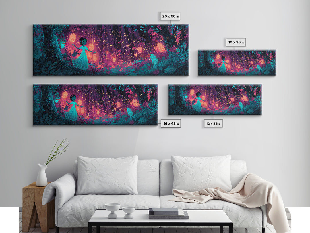 The Firefly Lantern Forest, Vaporwave Halloween Decor, Extra Wide Wall Art, Framed Canvas Print, Retro Halloween Decor, Neon Wall Art