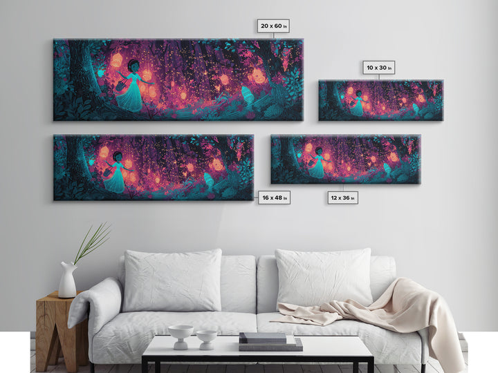 The Firefly Lantern Forest, Vaporwave Halloween Decor, Extra Wide Wall Art, Framed Canvas Print, Retro Halloween Decor, Neon Wall Art