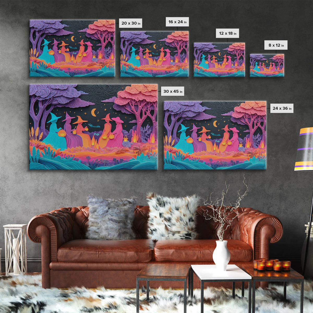 The Smiling Moon Meadow, Retro Neon Halloween Art, Landscape Wall Art, Framed Canvas Print, Retro Halloween Decor, Neon Wall Art