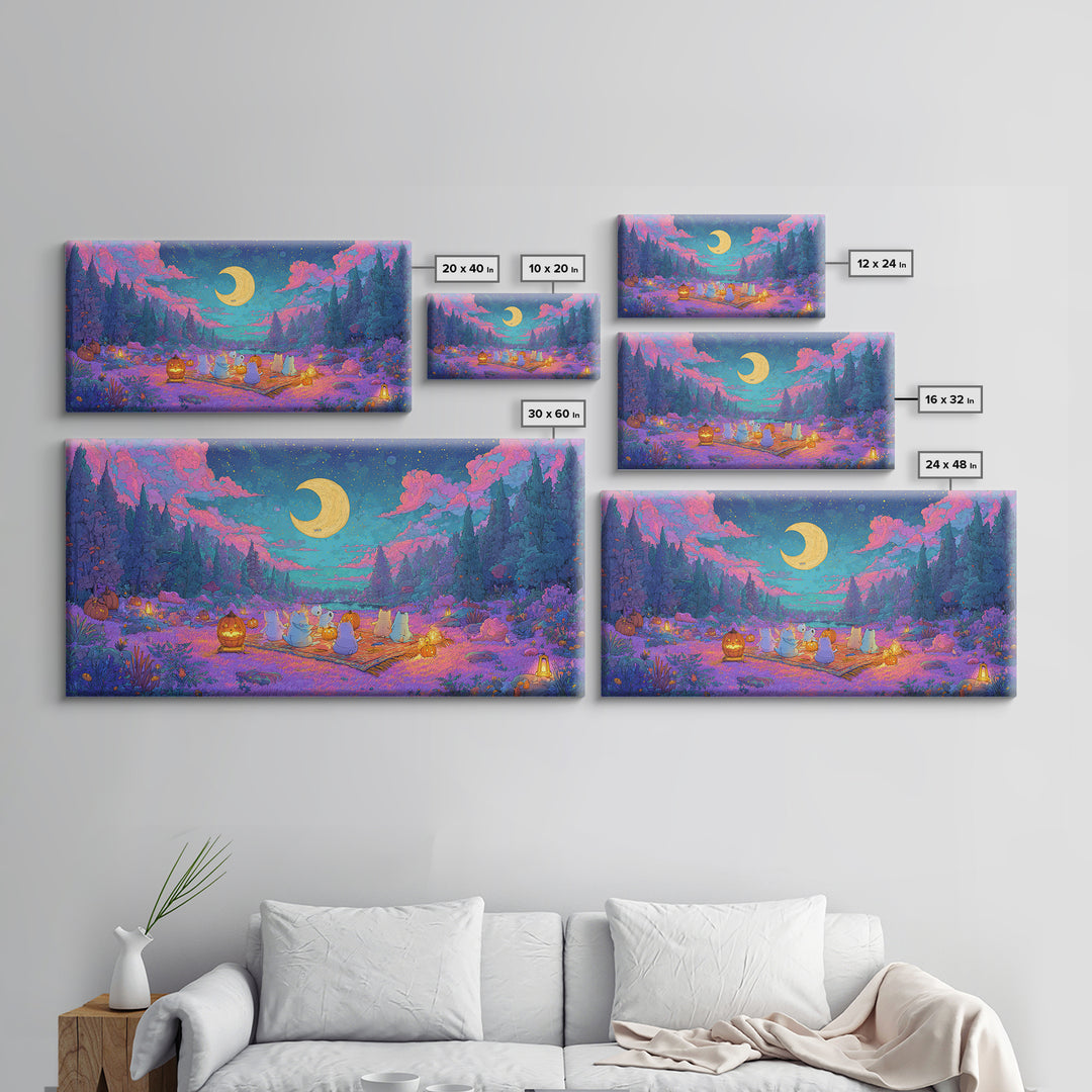 The Smiling Moon Meadow, Vaporwave Halloween Decor, Wide Panoramic Art, Canvas Print, Retro Halloween Decor, Neon Wall Art