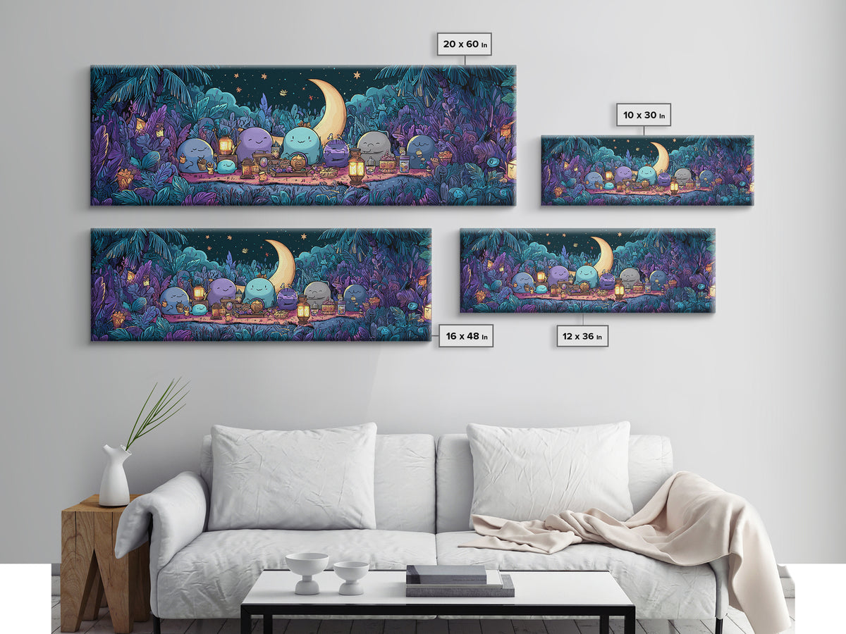 The Smiling Moon Meadow, Synthwave Halloween Art, Extra Wide Wall Art, Framed Canvas Print, Retro Halloween Decor, Neon Wall Art