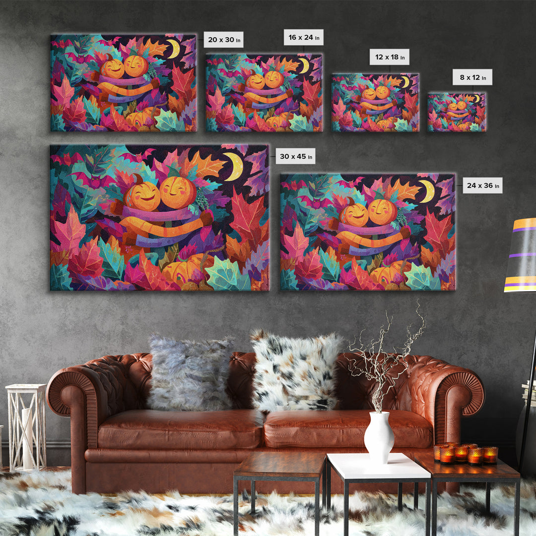 The Dancing Autumn Leaves, Synthwave Halloween Art, Landscape Wall Art, Canvas Print, Retro Halloween Decor, Neon Wall Art
