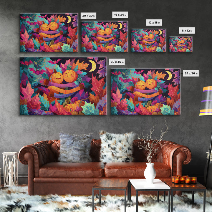 The Dancing Autumn Leaves, Synthwave Halloween Art, Landscape Wall Art, Canvas Print, Retro Halloween Decor, Neon Wall Art