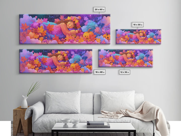 The Dancing Autumn Leaves, 80s Halloween Wall Art, Extra Wide Wall Art, Canvas Print, Retro Halloween Decor, Neon Wall Art